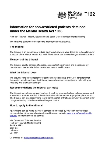 Tribunal Guidance T122 Information For Non Restricted Patients Detained Under The Mental Health 7034