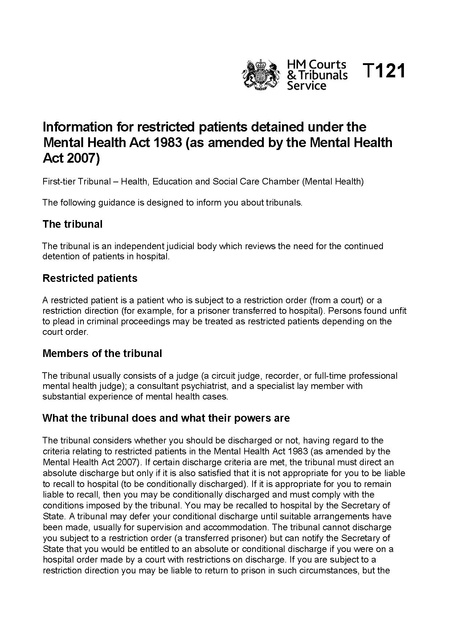 T121 Information For Restricted Patients Detained Under The Mental Health Act 1983 October 